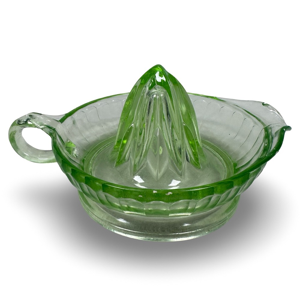Vintage Green Uranium Glass Citrus Juicer Reamer UV Glows Depression Glass
